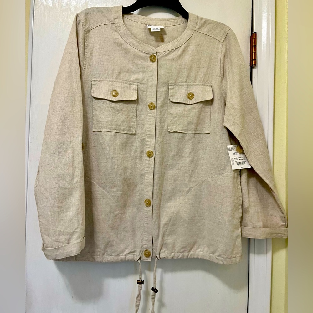 NWT Liz Claiborne Button up Linen Jacket Pockets Flax Beige Lightweight size Med